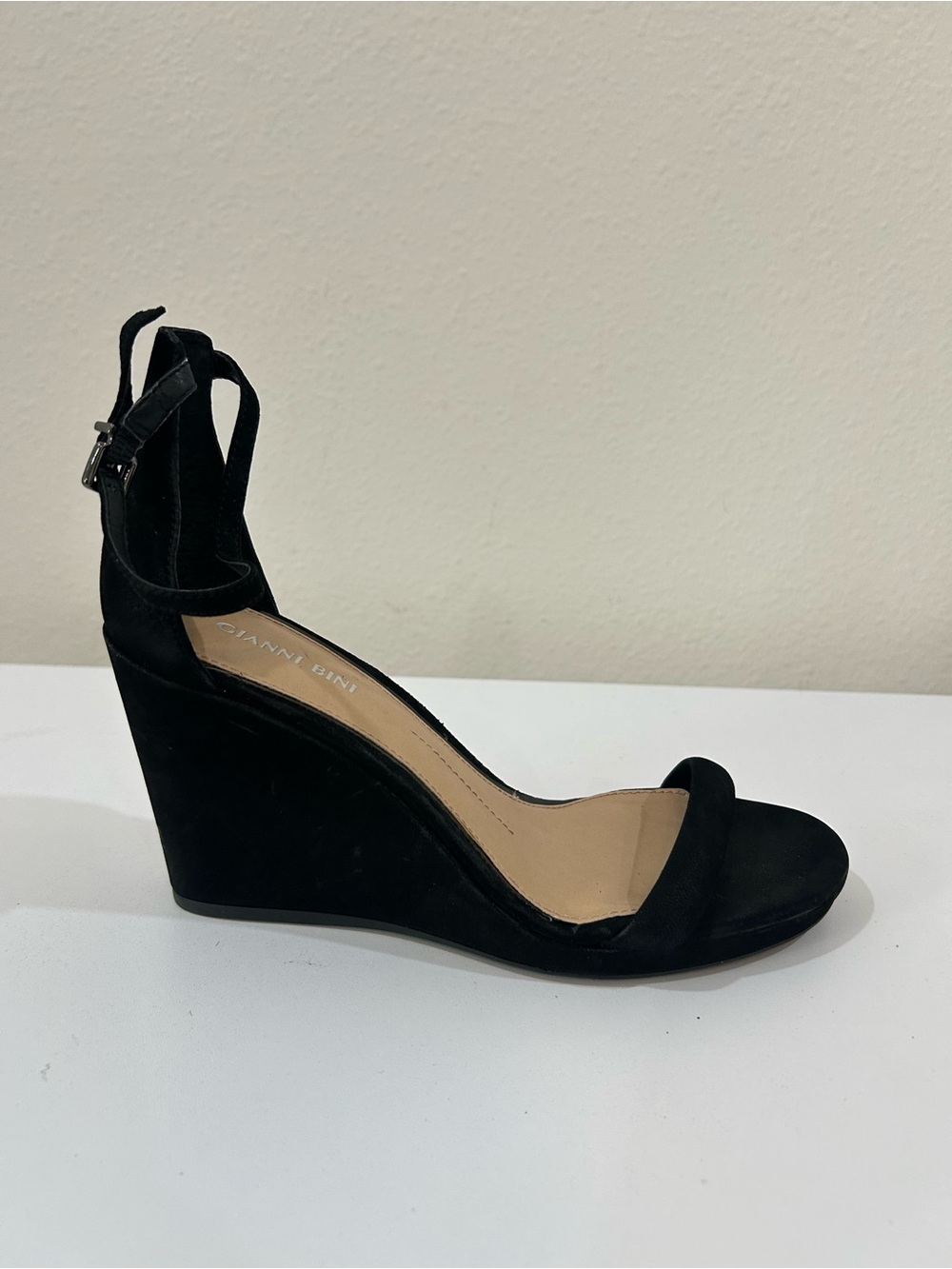 Gianni Bini Black Suede Wedge Sandals with Ankle Strap, NWOT Size 8.5